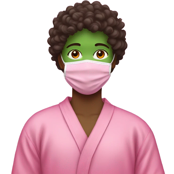 dark brown curly hair, green face mask,pink robe emoji