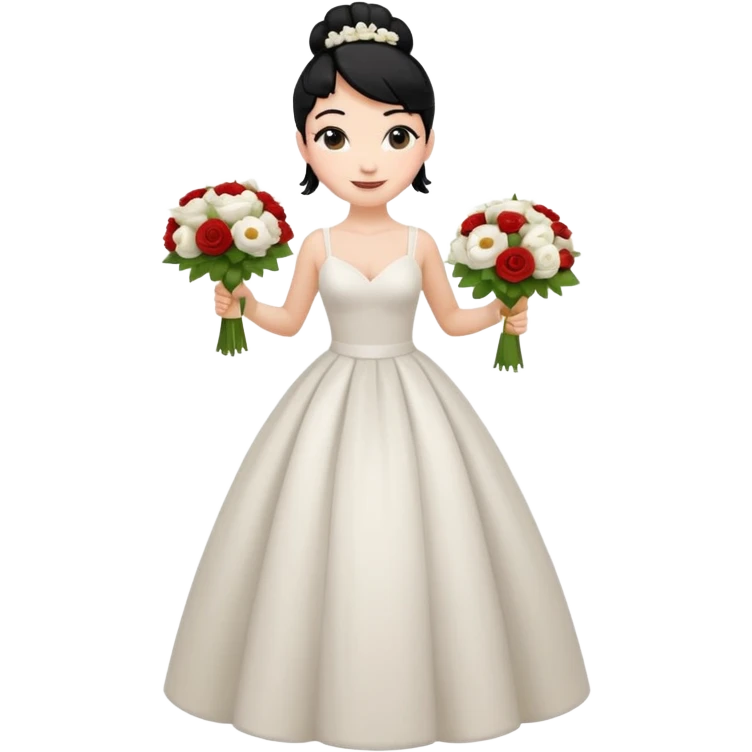 Chica blanca,cuerpo entero, vestido boda tirantes , pelo negro,   1 ramo de flores , pelo recogido en moño alto emoji