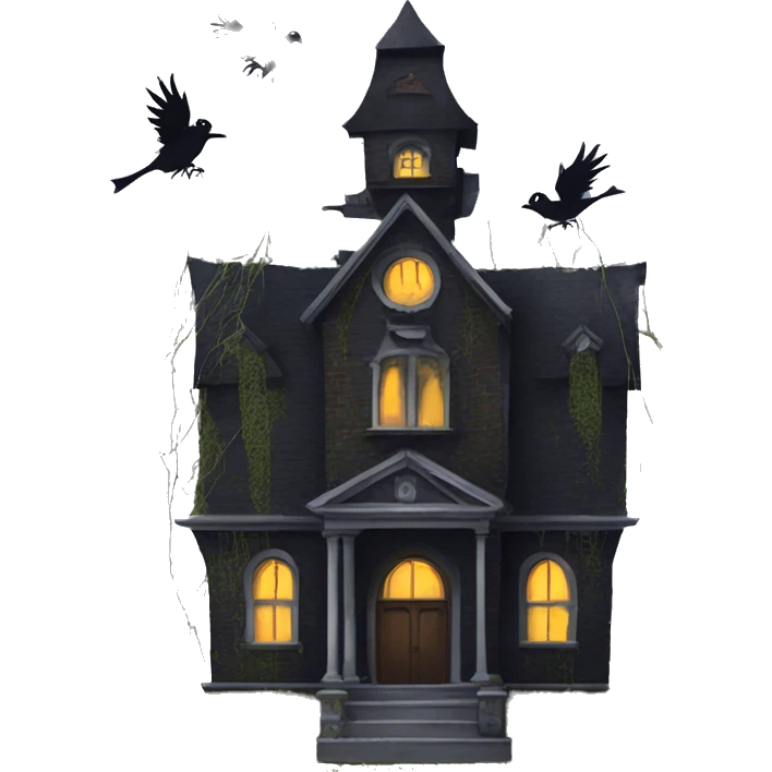 Nevermore Academy. Tall Haunted Addams house. birdhouse slightly mossy and spider webs  emoji