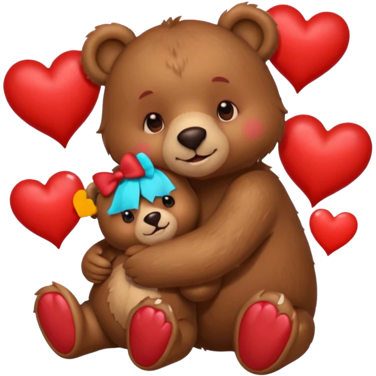 girl bear with bow and boy bear hugging, surrounded by hearts, playful and loving, cute emoji