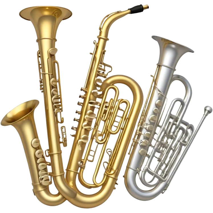 Create a professional, harmonious emoji collage symbolizing wind instruments.  The instruments should be in metallic gold, silver, and brass tones, with subtle reflections to convey a professional and polished appearance. Add soft musical notes or soundwaves to surround the instruments, creating a sense of movement and sound. The background should be transparent, ensuring all instruments are the focus and the composition remains harmonious and balanced. emoji