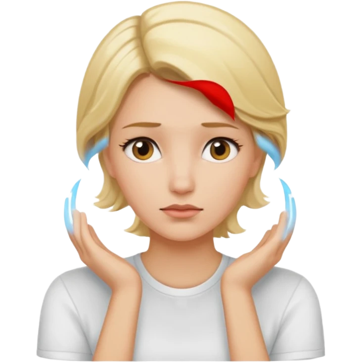Cewe blonde yang lagi overthingking keliatan tangannya lagi mikir emoji