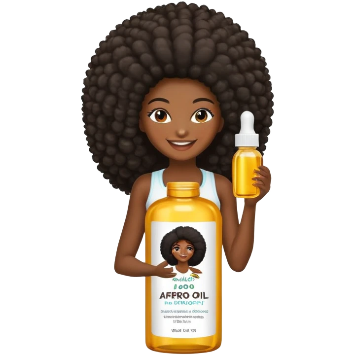 Serum Bottle of afro hair growth oil.Label has black woman with long afro hair. emoji