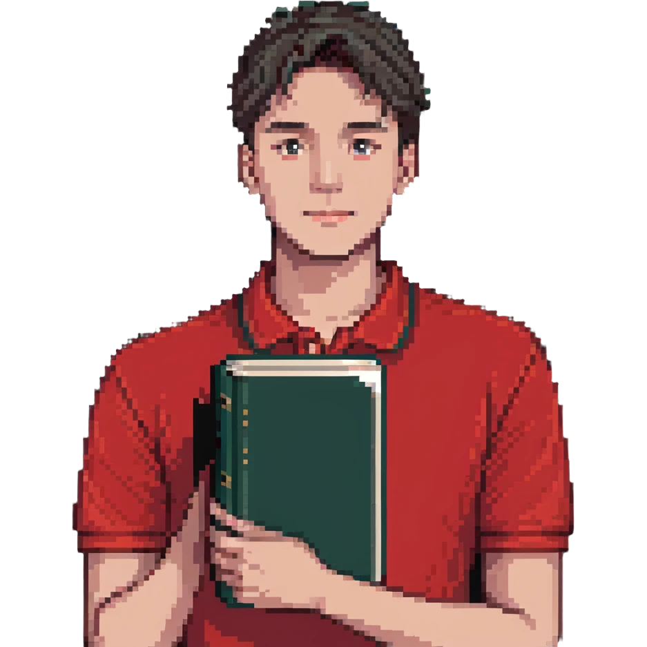 man with clean haircut, wearing a red polo shirt, holding a book emoji