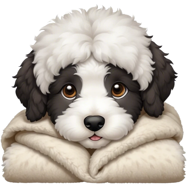 sheepadoodle puppy cozy in a sherpa blanket, kawaii disney-style cute  emoji
