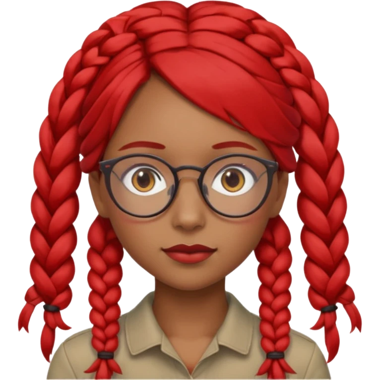 Dark Tan girl with two long red plaits and red rimmed  glasses head neck and shoulder shot only emoji