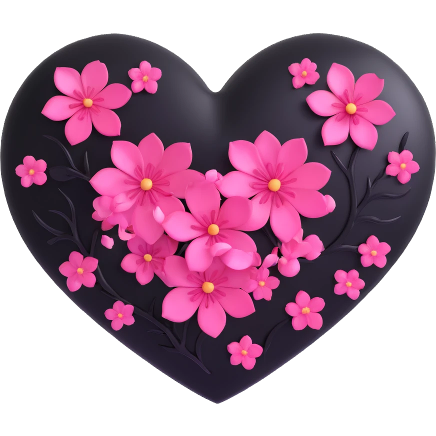 goth sakura heart, black heart with metallic pink sakura petals, shiny and bold emoji