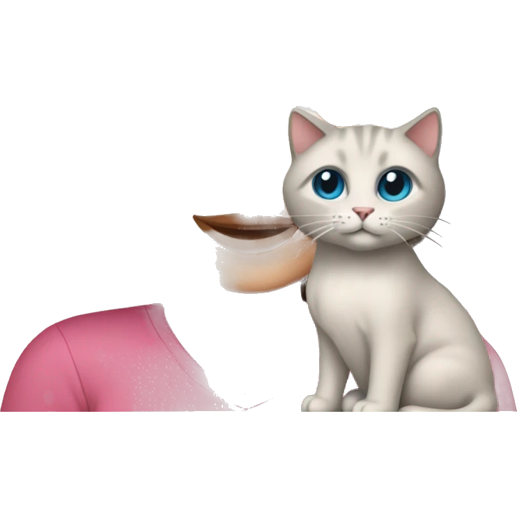 White woman with blue eyes and long dark hair wearing a pink shirt and holding a tabby cat emoji
