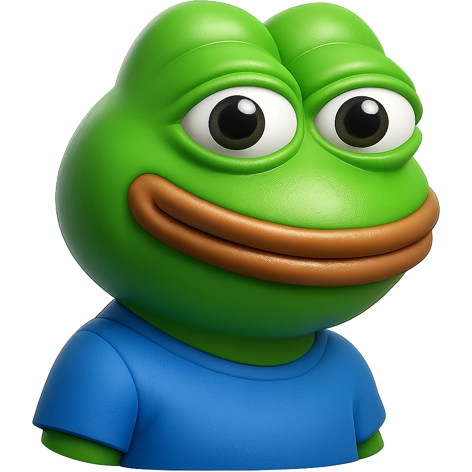 pepe in
- 3d style
- bright green
- blue shirt
- smiling
- looking straight at the camera
- good highlights and shadows
- 30deg angled towards the right
- 20% inset padding
- nice rounded cut off at the bottom emoji