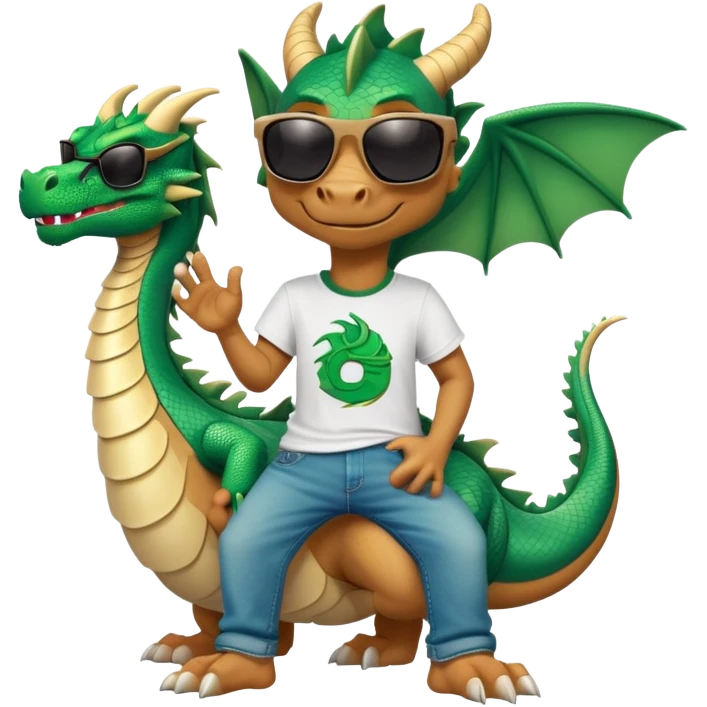 friendly anthropomorphised dragon in a hip-hop t-shirt and jeans with dark sunglasses, relaxed pose emoji