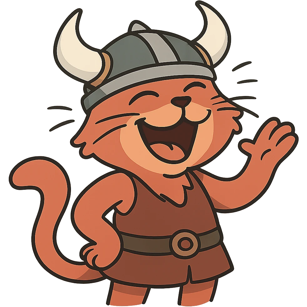 a laughing red viking cat cartoon style with a horned helmet and a big smile emoji