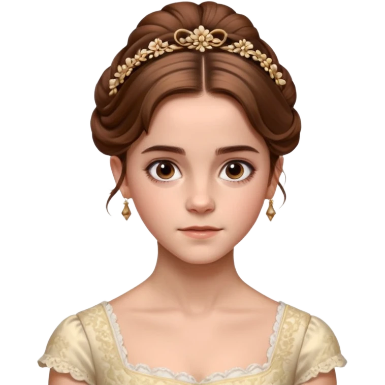 Cinematic Emma Watson Realistic Rococo Portrait, depicted with lifelike skin texture, subtle rosy undertones, and soft natural lighting that enhances the gentle contours of her face. Her intricately detailed brown hair is elegantly styled in an updo, emoji