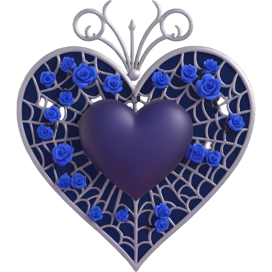 3D emoji gothic heart, midnight blue glass texture, silver spiderweb pattern, tiny black roses, mysterious and rich style emoji