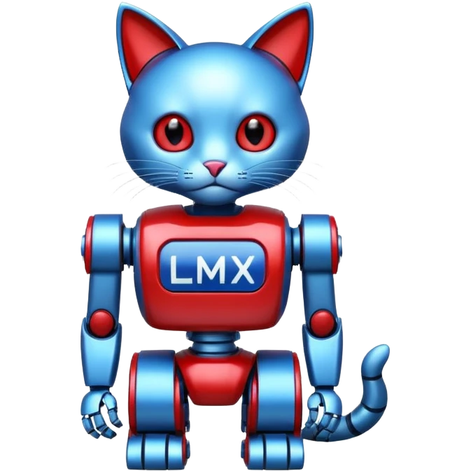 generate robot cat, glossy, realstic, red and blue color, add text on chest "LMX" emoji