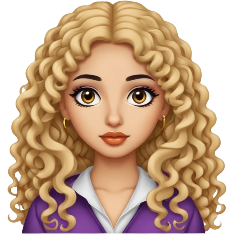 arabian nose, pretty lips, clothes, light skin,  long curly hair, pretty bratz baddie, black eyeliner emoji