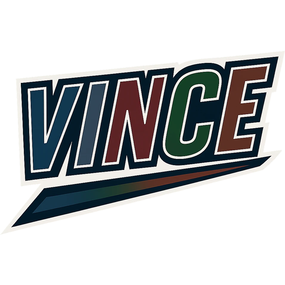 Vince name in masculine, modern, gradient font with precise Hungarian characters, dark contour, extra wide and prominent white letter frame as in sample images, dynamic slanted underline, masculine color shades (blue, gray, burgundy, green, brown), 1000x1000 px, PNG, transparent background emoji