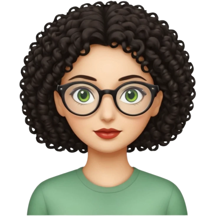 iranian woman, tight curly hair, glasses, green eyes, pretty, oval shape face emoji