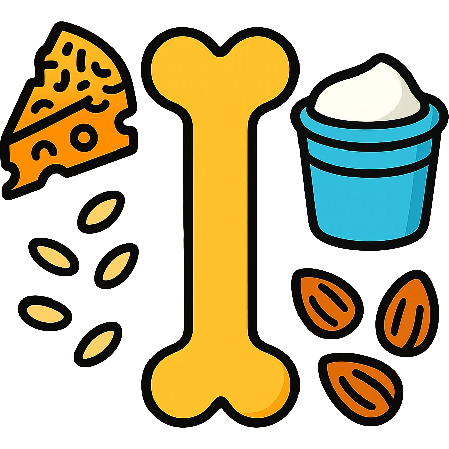 Sources of calcium: shredded cheese, natural yogurt, sesame seeds and almonds surrounding a single strong bone emoji