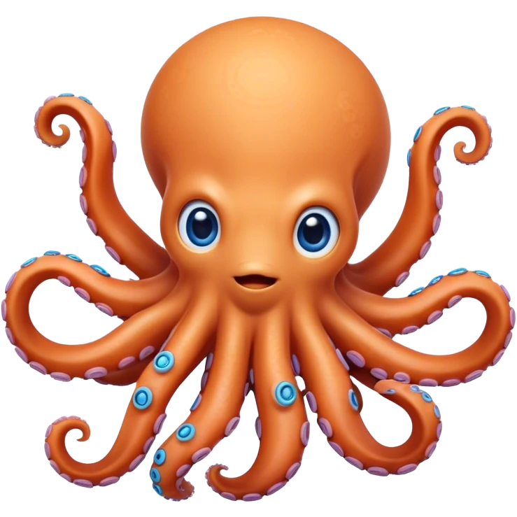 Cinematic Cute Octopus Portrait Emoji, Head tilted playfully and inquisitively, featuring a rounded, light orange body embellished with playful blue rings, eight adorably curling arms, and big, twinkling eyes full of wonder, Simplified yet irresistibly adorable features, highly detailed, glowing with a warm, inviting underwater glow, high shine, affectionate and lively, stylized with a touch of whimsical cartoon charm, soft glowing outline, capturing the essence of a mischievous yet loving octopus that seems as if it could bob out of the screen into your arms! emoji