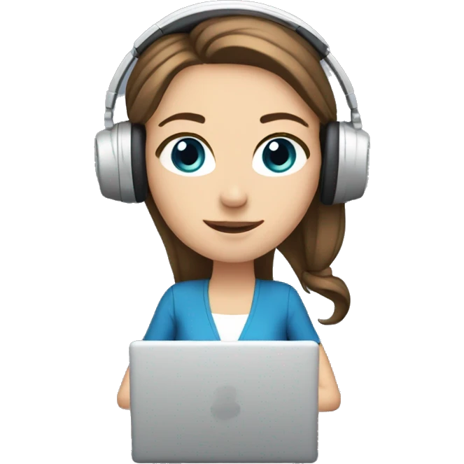 white girl at desk, brown hair, ponytail, blue eyes, computer, headphones emoji