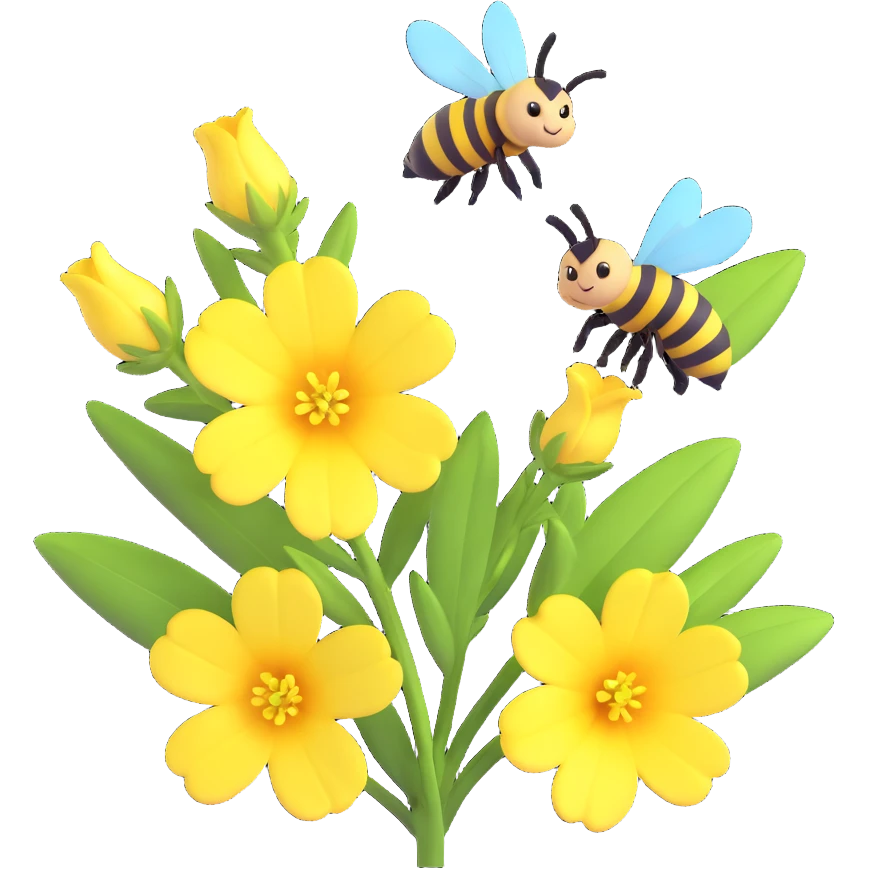 evening primrose and bee, 3D iOS style, harmony of realism and cartoonishness, clean modern background emoji