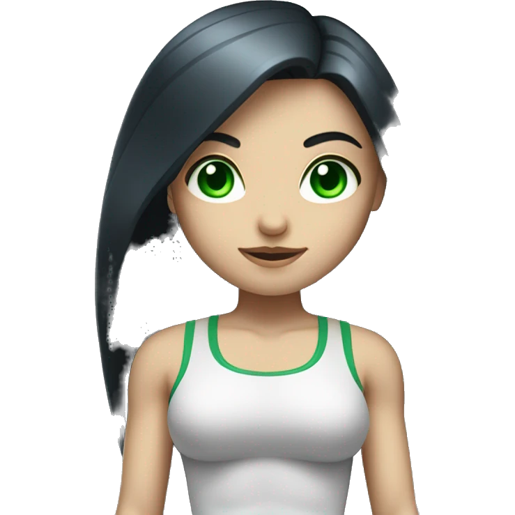 Pale girl with long black hair and green eyes lifting weights emoji
