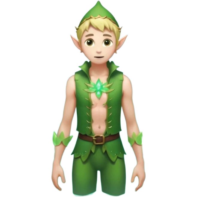 elf male wading in shallow tide pool, palm emitting soft green light to heal glowing coral, practical open vest over bare chest, determined gaze, pointy ears, vibrant underwater plants, centered emoji, nature guardian summer emoji