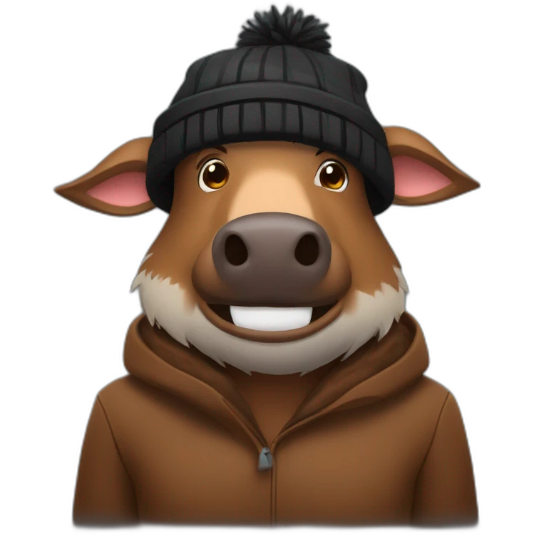 fullface brown boar tired of life with stubble with a winter hat black color emoji