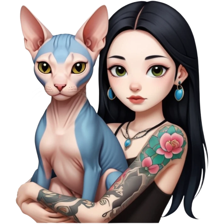 a Chinese girl with long black  straight hair and tattoos and Sphynx emoji