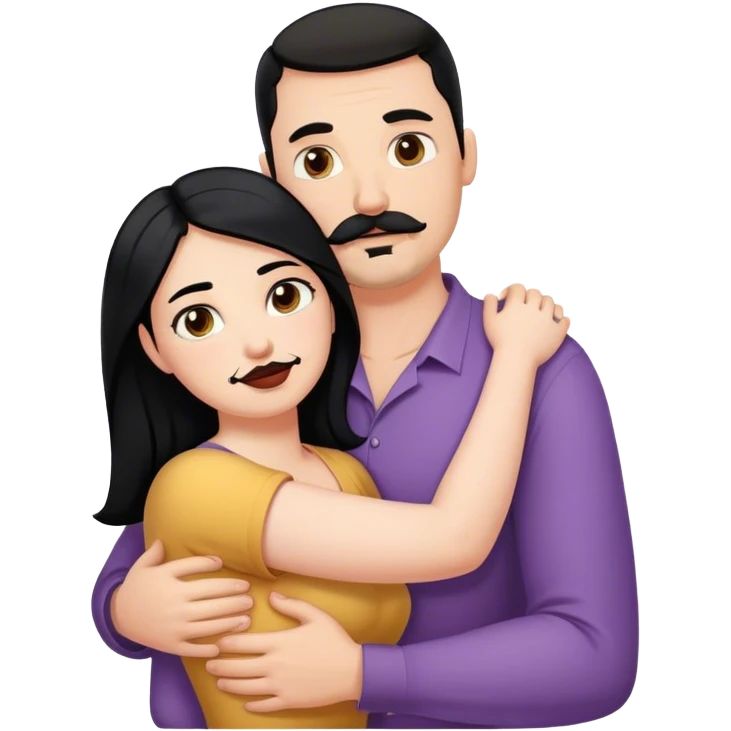 Tall strong white man with dark brown mustache goatee hugging a chubby short pale woman with long black hair emoji