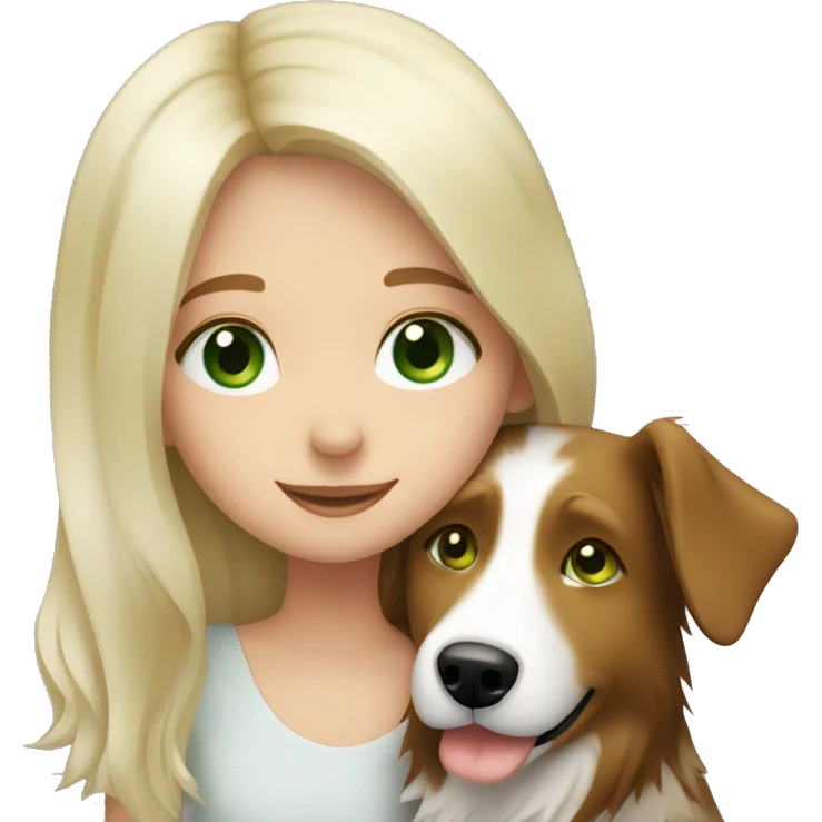 Blonde girl with Green eyes hugging border collie emoji