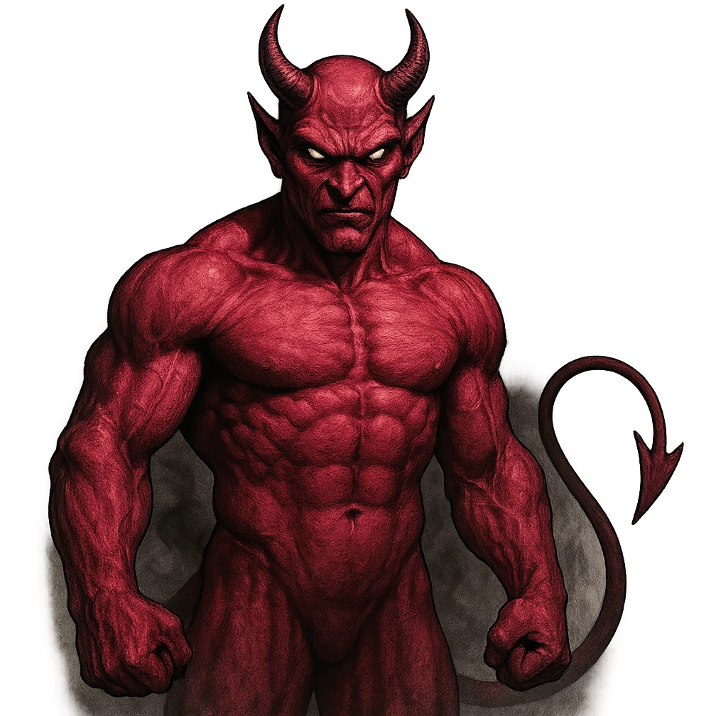 scary pink devil with smoky background, pointed tail, muscular body, threatening gaze emoji