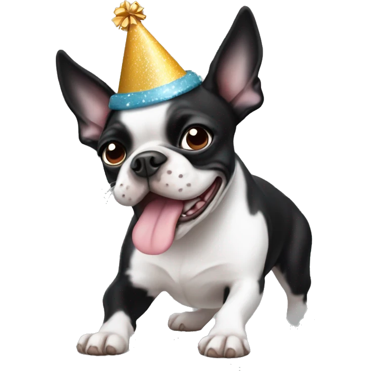 Boston Terrier Dog Black White wearing Birthday hat emoji