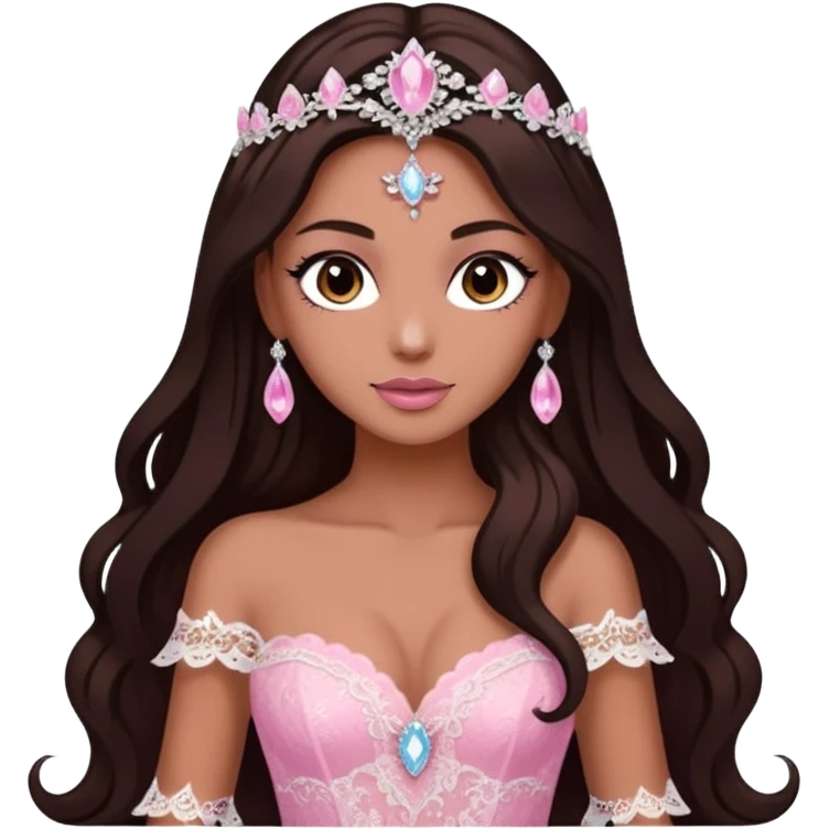 enchantress goddess wearing a embellished shimmering light powder white lace and swarovski pink gown with tanned skin and super long dark brown hair emoji