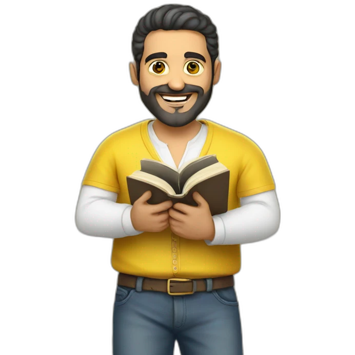 Armenian men with the yellow clothes reading book and looking at camera and smiling  emoji