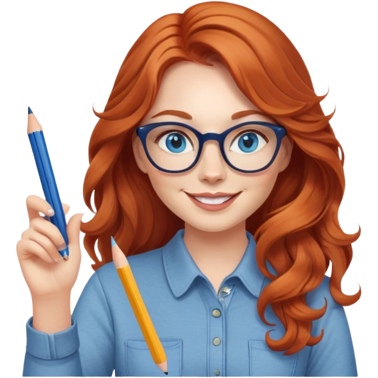 redheaded woman with long wavy hair, blue eyes, cat-eye glasses, casual outfit, holding a pencil, smiling, waving emoji