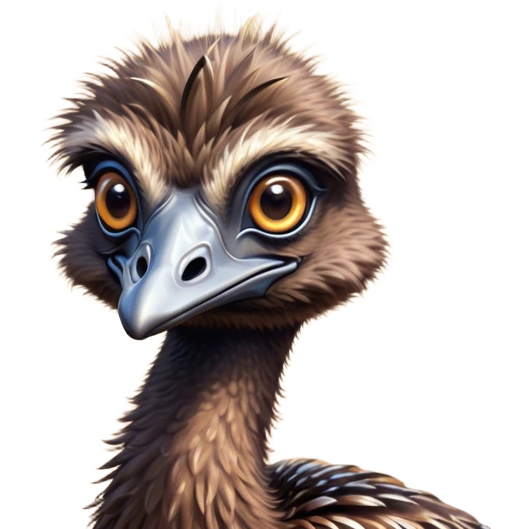 Cinematic Cute Emu Portrait Emoji, Head tilted playfully and inquisitively, featuring a glossy, textured brown plumage with a perky head and round, sparkling eyes full of curious wonder, Simplified yet irresistibly adorable features, highly detailed, glowing with a warm, friendly glow, high shine, affectionate and lively, stylized with a touch of outback whimsy, bright and endearing, soft glowing outline, capturing the essence of a mischievous yet loving emu, so playful it feels like it could gallop out of the screen into your arms! emoji