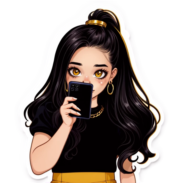 Beautiful young girl with dark choppy long hair flows as she holds her black phone with a gold septum ring that shines  emoji