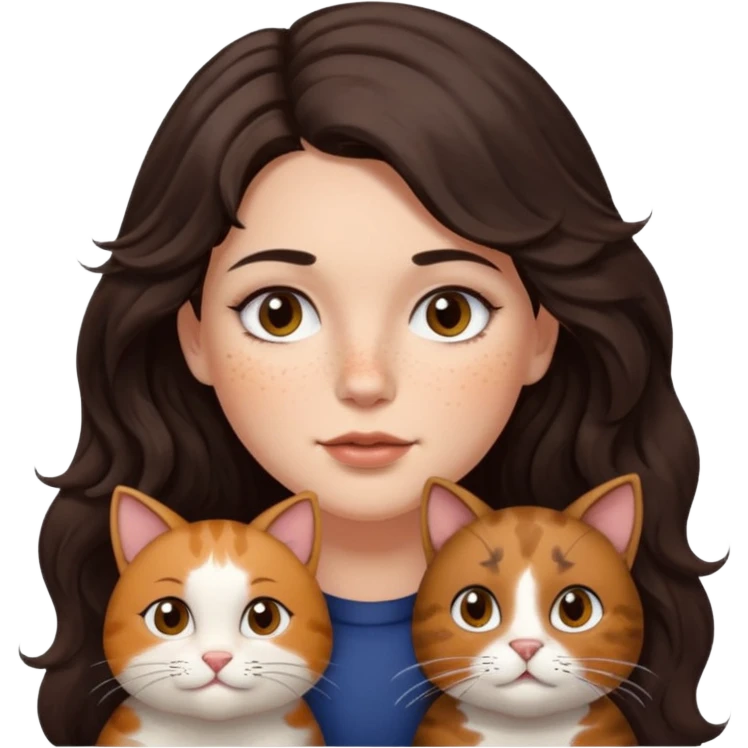 Uzun koyu kahverengi dalgalı saçlı, çenesinde beni olan ve yüzünde biraz çiller olan, iri koyu kahverengi bol kirpikli gözlü sevimli bir yüzü katlı kesim bir saçı olan kadın yap yanına da kilolu kahverengi bir kedi yap emoji