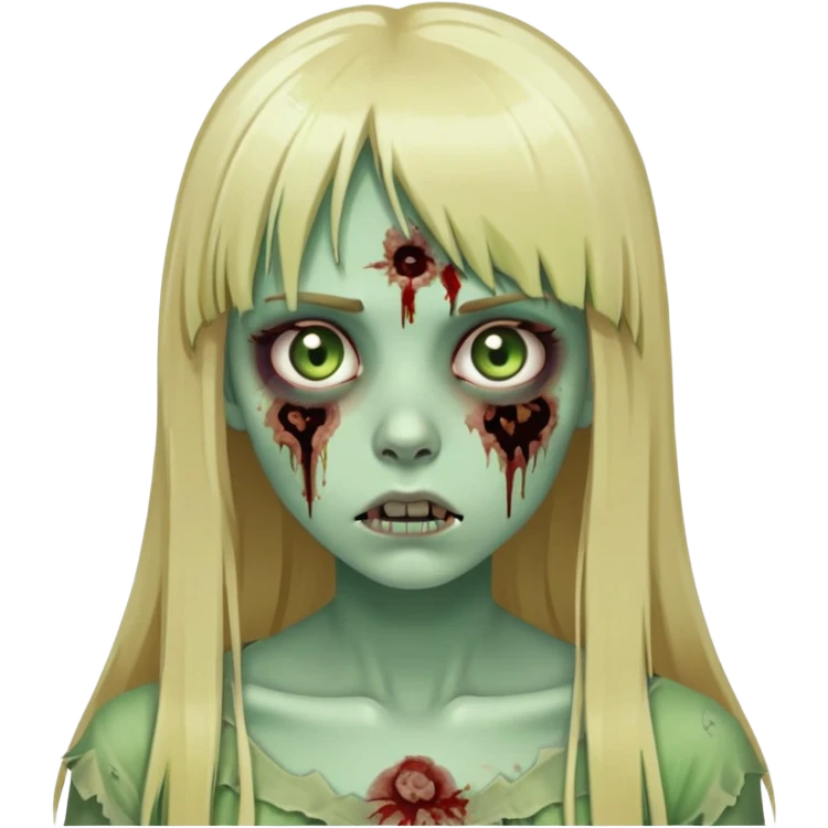 zombie girl with pale green skin, visible wounds, long blonde hair with straight bangs, dead eyes emoji