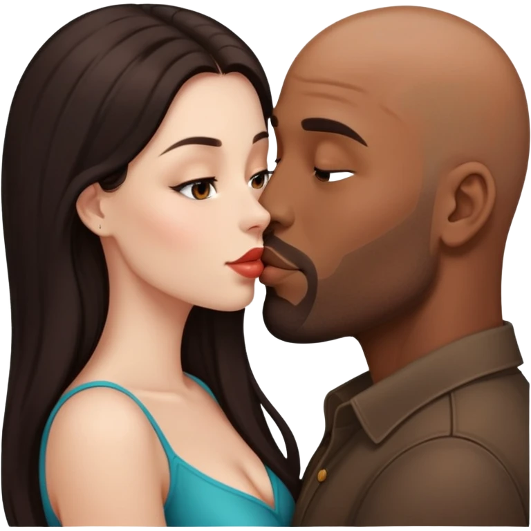 Beautiful woman with long dark hair, kissing a brown bald man emoji