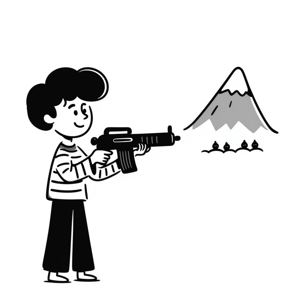 Hand drawn little guy with a toy gun shooting at a mountain with tiny goons emoji