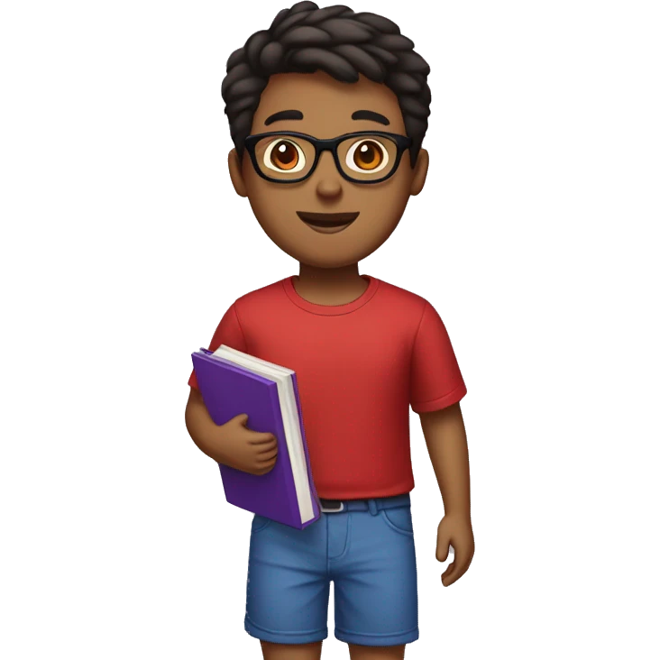 a brown boy in a red and black shirt, blue shorts, wearing sandals, short hair and black glasses, holding a purple book emoji