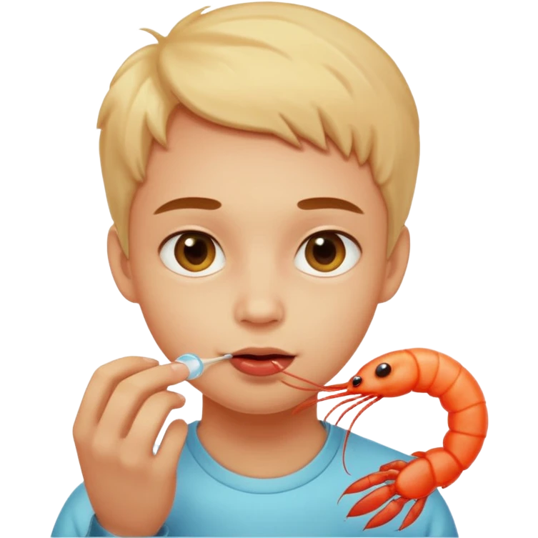 Emoji-style person tasting a weird-looking shrimp, curious expression, cute rounded face, soft shading emoji
