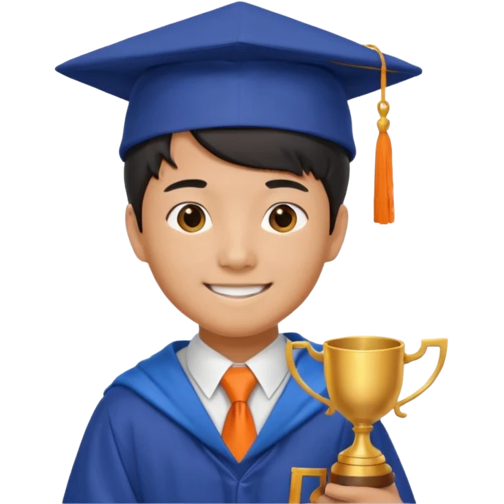 An asian man wearing student hat, blue student mantle and orange tie, holding a trophey emoji