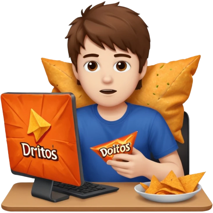 A white boy with messy brown hair eating Doritos while gaming on computer  emoji
