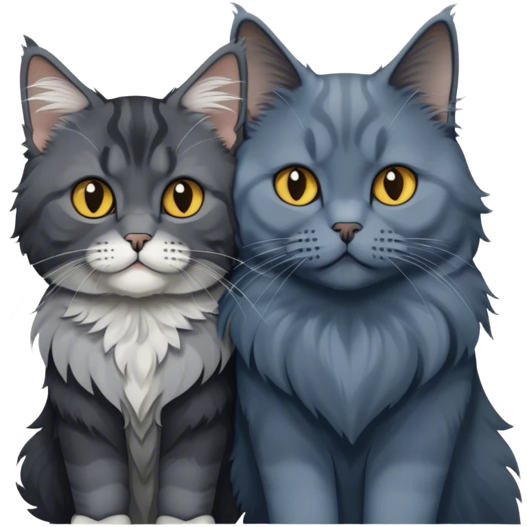 Portrait of a black smoke Maine Coon cat with long grey ear tufts, alongside a British Shorthair cat with a solid blue coat. Both cats with detailed fur textures and playful expressions. Soft, elegant background ща room with warm, natural tones. Transparent background. emoji