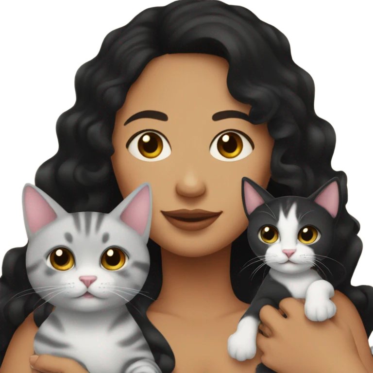 A pregnant woman with black wavy hair and her two cats next to her emoji