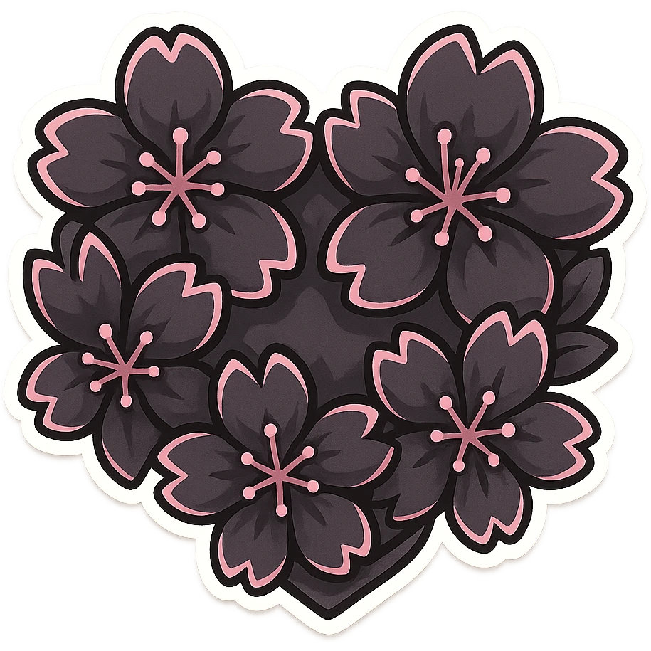 goth sakura heart, heart made of black sakura petals with pink accents, adorable and bold emoji