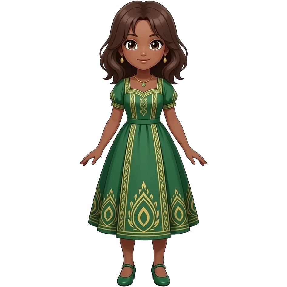 Anime female brown skin green and gold lines dress green shoes brown hair emoji